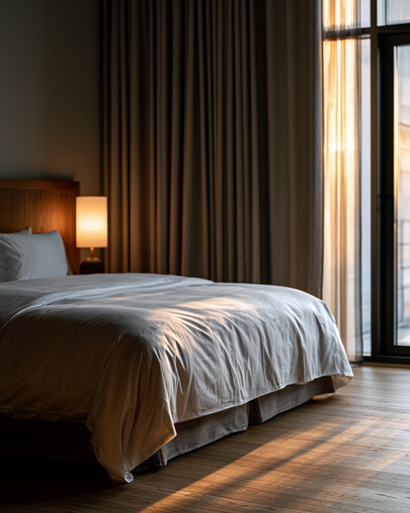 Hotelsuite mit schwerem Vorhang vor bodentiefem Fenster — Schallschutz und Verdunkelung